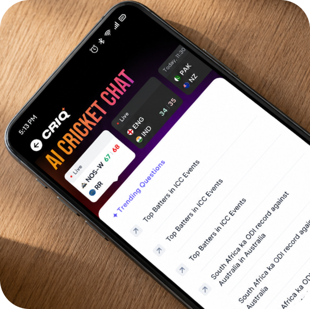 CRIQ+ AI cricket chat interface with live scores and trending questions