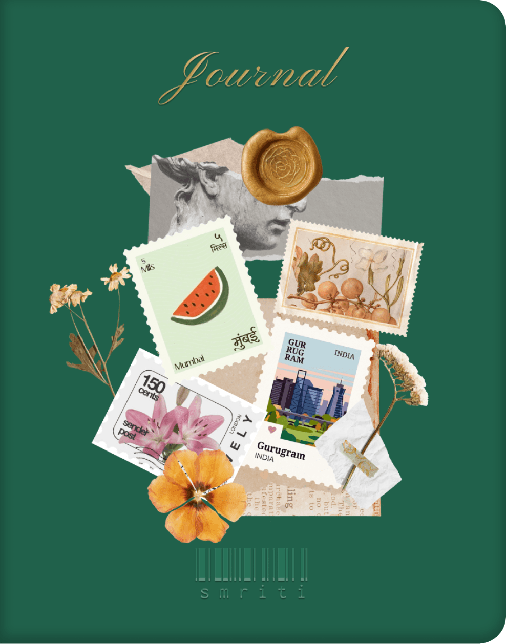 Closed journal with collage cover art
