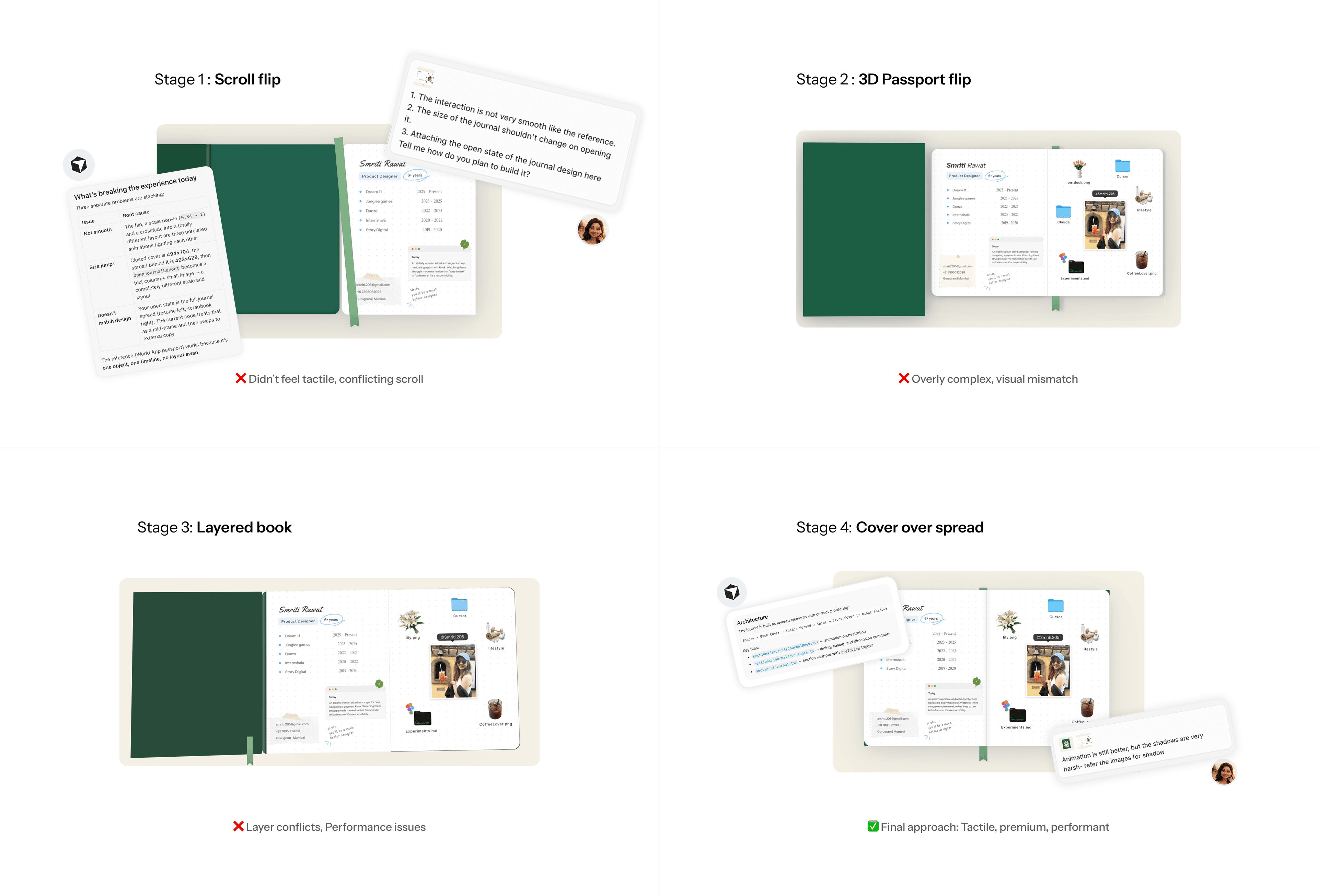 Journal interaction iterations from scroll flip through 3D passport and layered book to final cover-over-spread approach