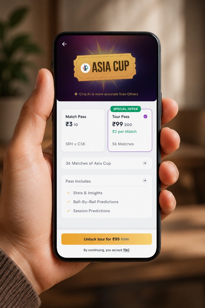 Participant holding a phone showing the Asia Cup tour pass subscription screen during user research